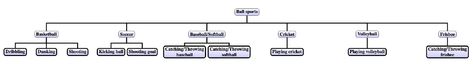 Kinetics-400 label taxonomy tree grouping dribbling, dunking and shooting under ball sports